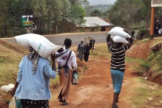 Farmers carrying bags of supplies