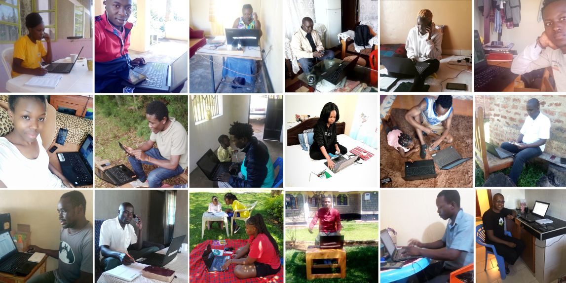 Collage of images showing workers' remote working set-ups