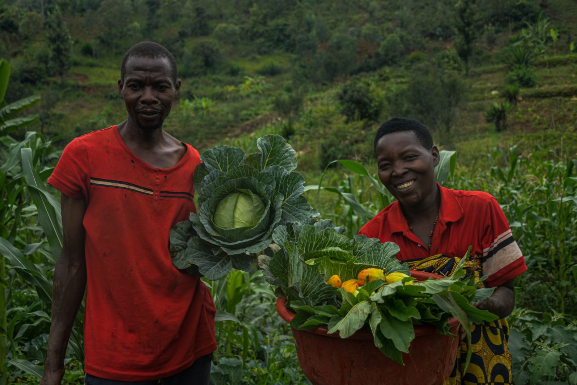 A man and woman stand in their field showing the cabbage and eggplant they have grown. 